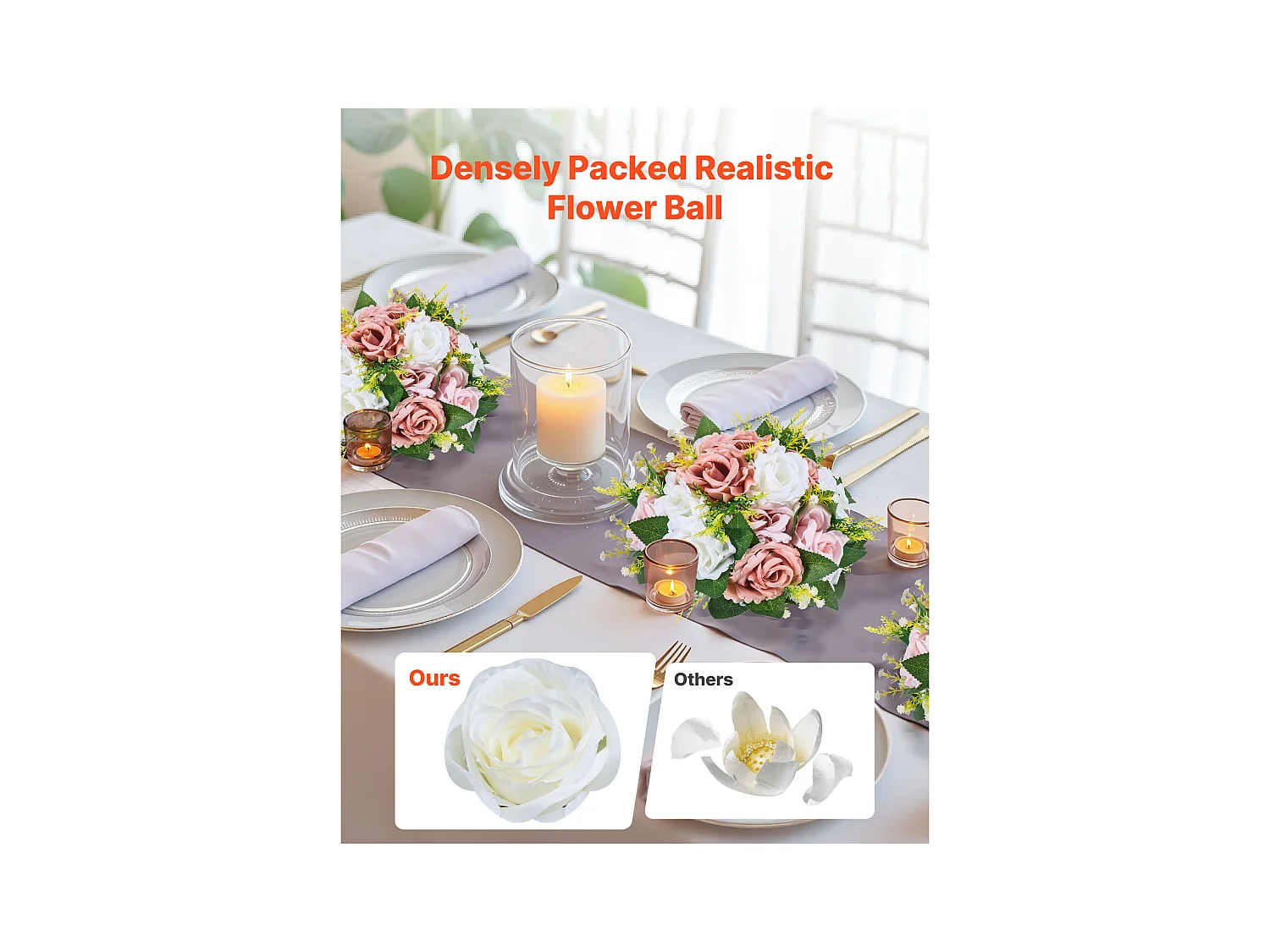 Palle di Fiori Artificiali SucceBuy, Lotto de 10, Diametro 24 cm, Composizioni di Rose Artificiali per Centrotavola, Matrimoni, San Valentino