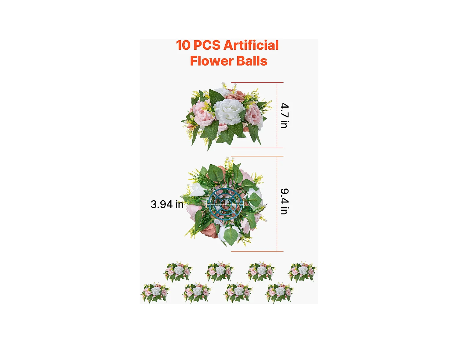 Palle di Fiori Artificiali SucceBuy, Lotto de 10, Diametro 24 cm, Composizioni di Rose Artificiali per Centrotavola, Matrimoni, San Valentino