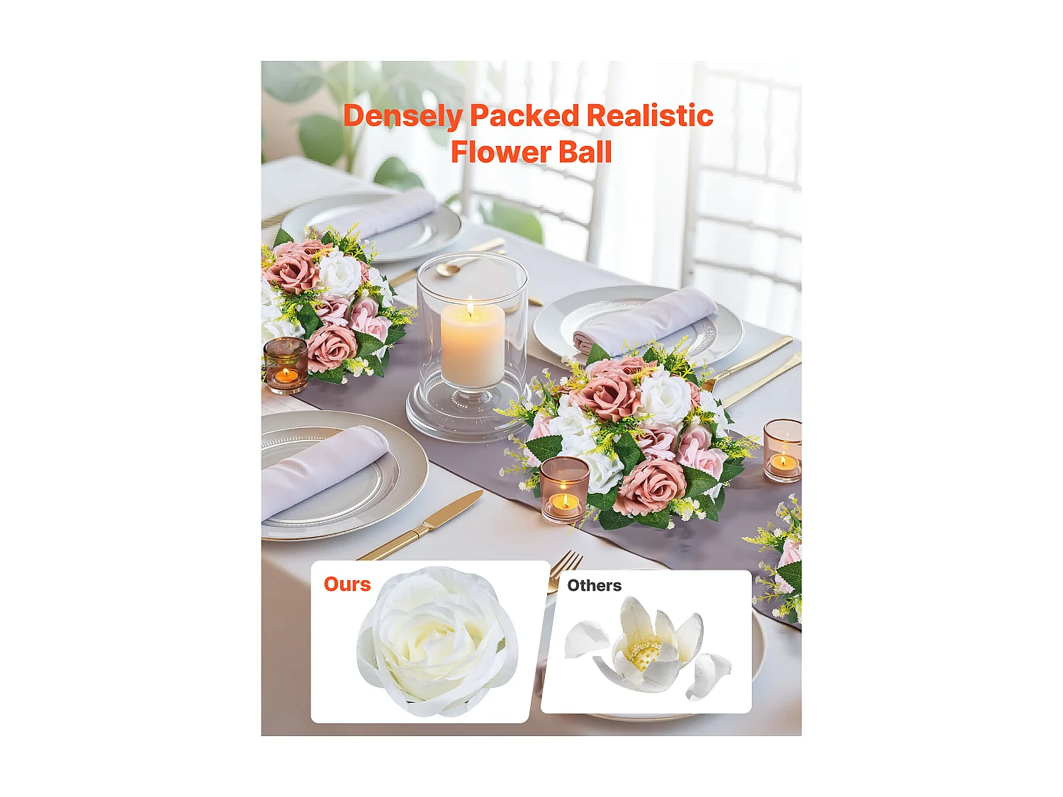 Boules de Fleurs Artificielles SucceBuy, Lot de 10, Diamètre 24 cm, Compositions Roses Artificielles pour Centres de Table, Mariages, Saint-Valentin