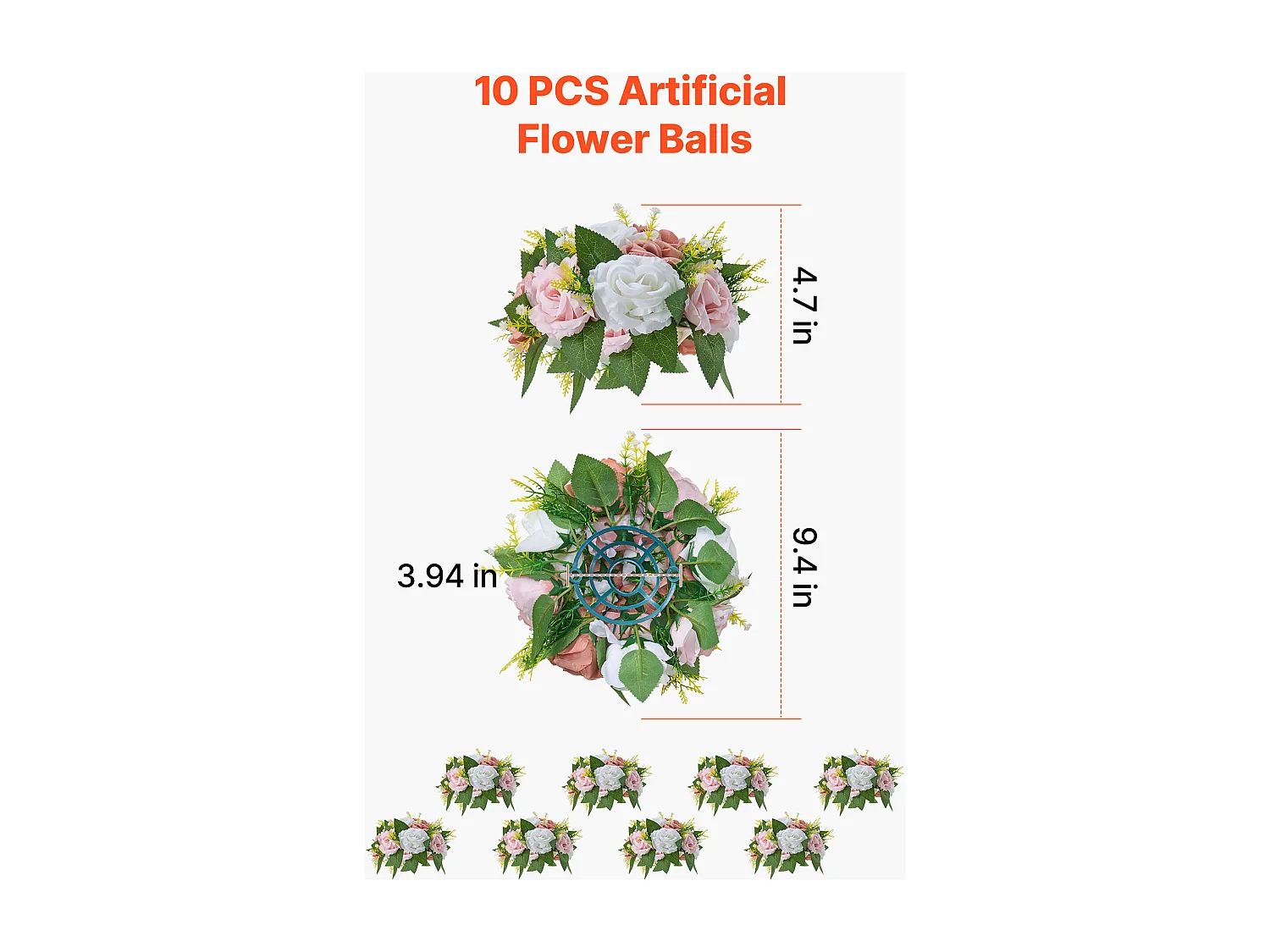 Boules de Fleurs Artificielles SucceBuy, Lot de 10, Diamètre 24 cm, Compositions Roses Artificielles pour Centres de Table, Mariages, Saint-Valentin