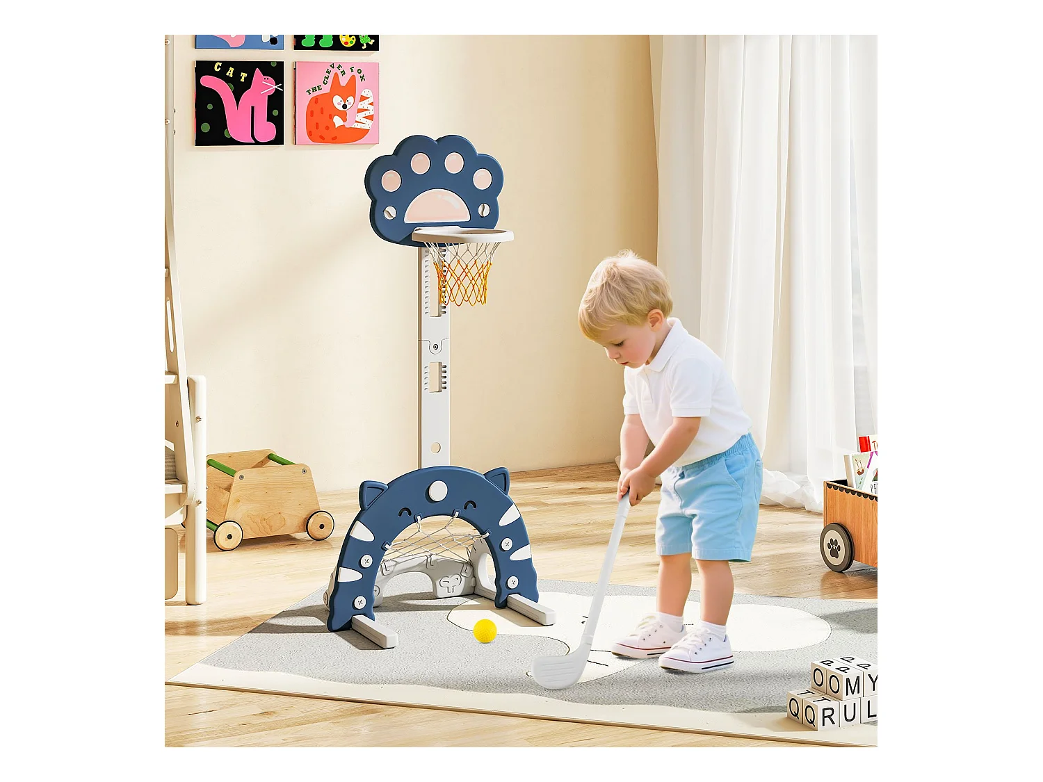 3 in 1 Kinder Basketballkorb mit Basketball & Fußball & Golfspiel Basketballständer Blau