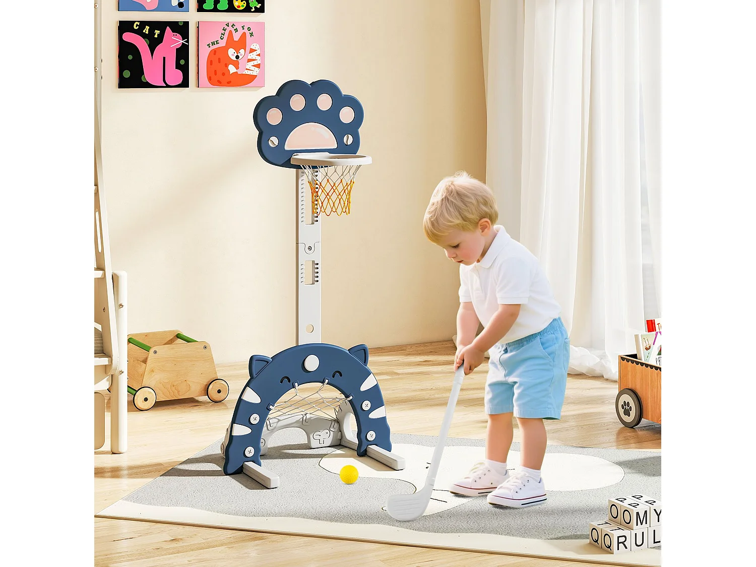 3 in 1 Kinder Basketballkorb mit Basketball & Fußball & Golfspiel Basketballständer Blau