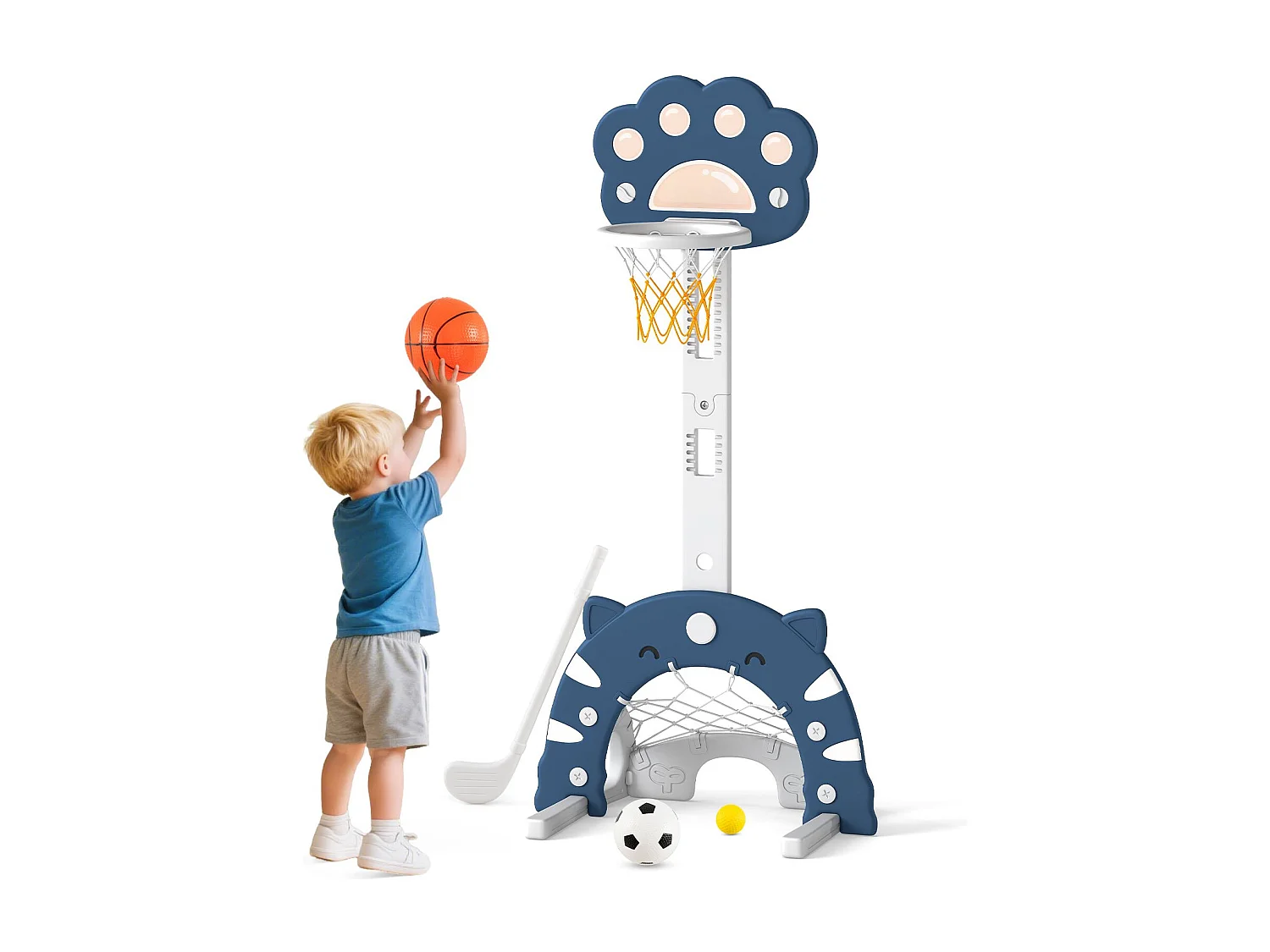 3 in 1 Kinder Basketballkorb mit Basketball & Fußball & Golfspiel Basketballständer Blau
