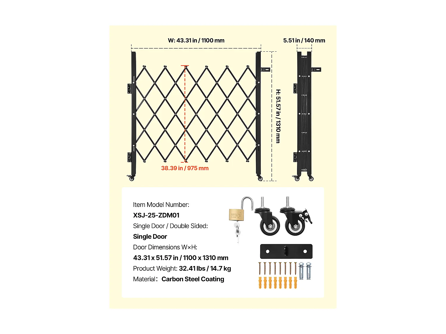 Barriera di Sicurezza SucceBuy Estensibile di 110 x 131 cm, Cancello a Forbice Singolo, Bloccabile e Retrattile, in Acciaio Solido, per Ingresso, Garage