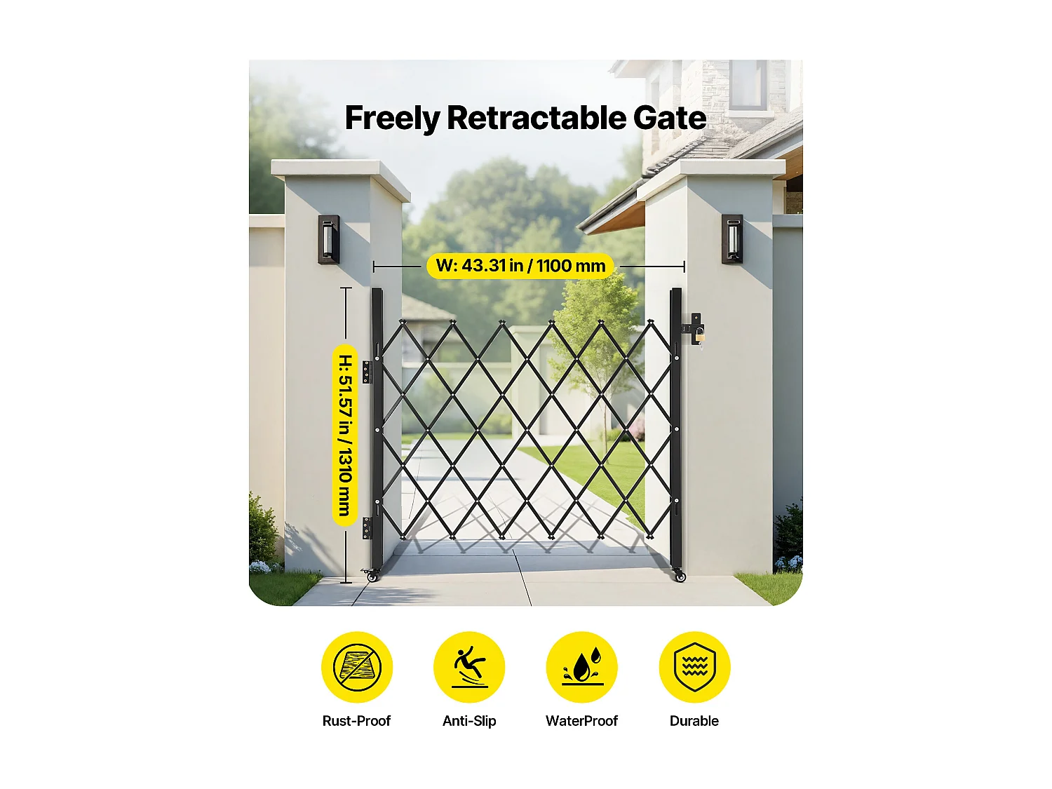 Barriera di Sicurezza SucceBuy Estensibile di 110 x 131 cm, Cancello a Forbice Singolo, Bloccabile e Retrattile, in Acciaio Solido, per Ingresso, Garage