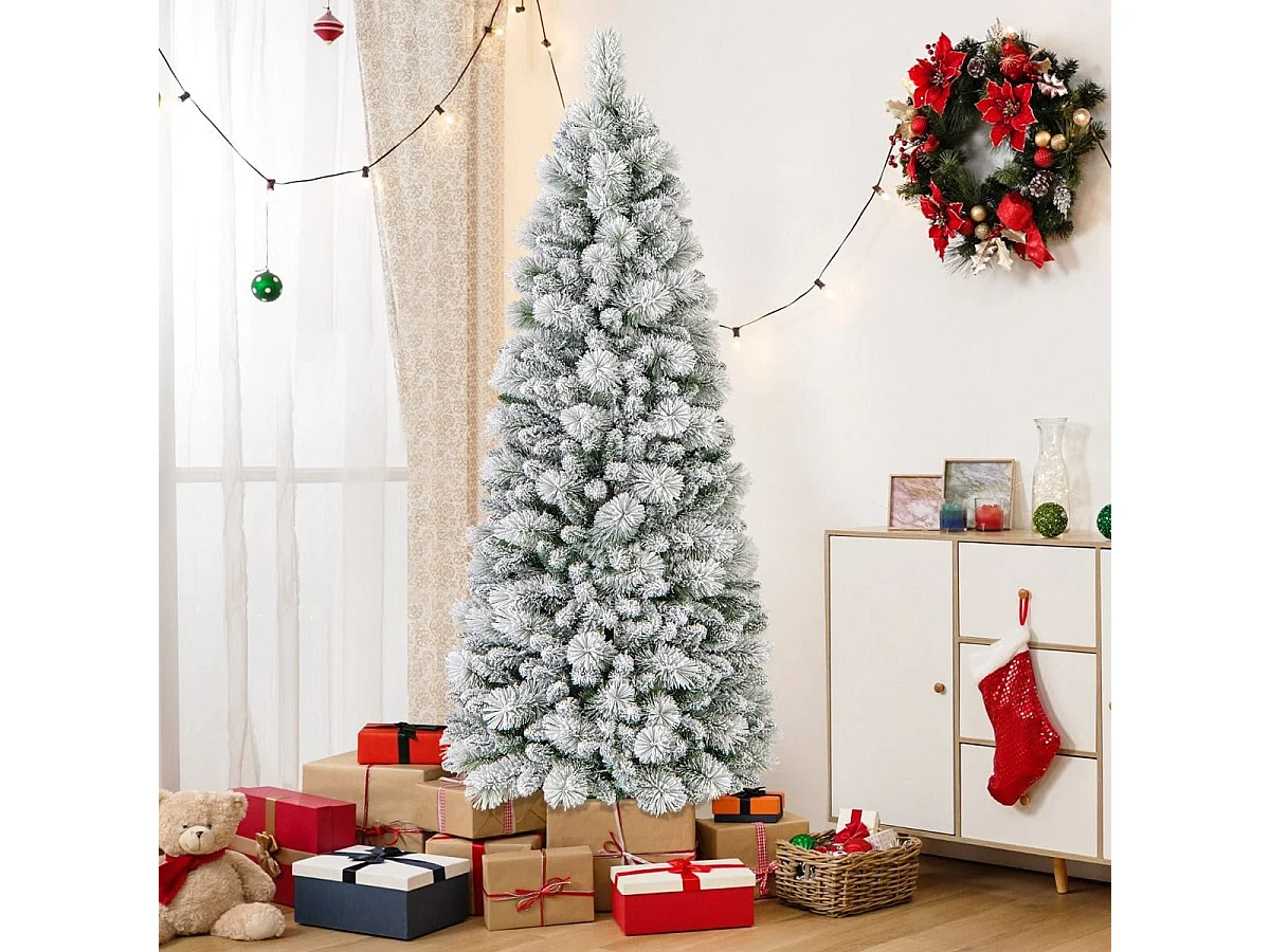 Sapin de Noël Floqué de 180 cm Arbre de Noël avec Aiguilles de Pin 517 Pointes de Branches 170 Lumières LED Blanc Chaud Section Pliable