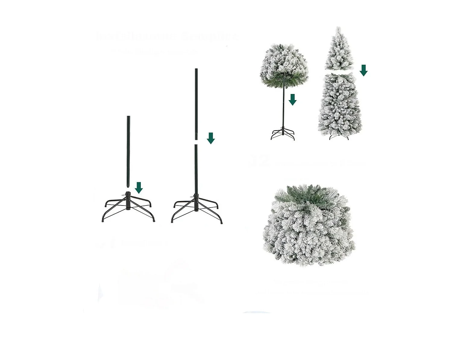 Sapin de Noël Floqué de 180 cm Arbre de Noël avec Aiguilles de Pin 517 Pointes de Branches 170 Lumières LED Blanc Chaud Section Pliable