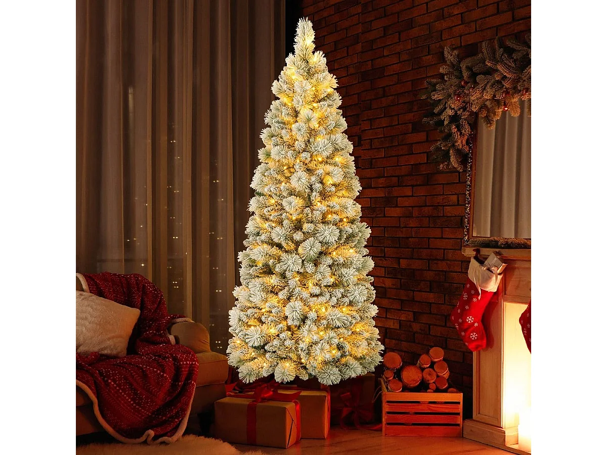 Sapin de Noël Floqué de 180 cm Arbre de Noël avec Aiguilles de Pin 517 Pointes de Branches 170 Lumières LED Blanc Chaud Section Pliable