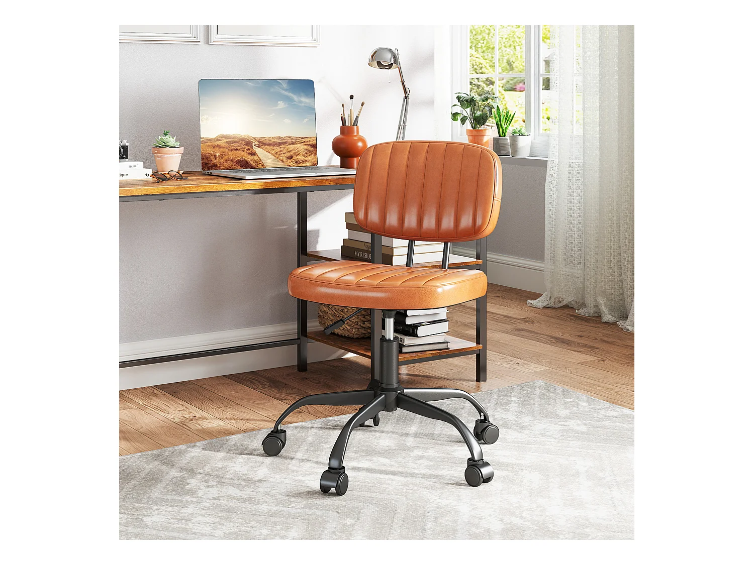 Sedia da ufficio per casa con ruote e supporto lombare, Comoda sedia da lavoro in pelle artificiale Marrone