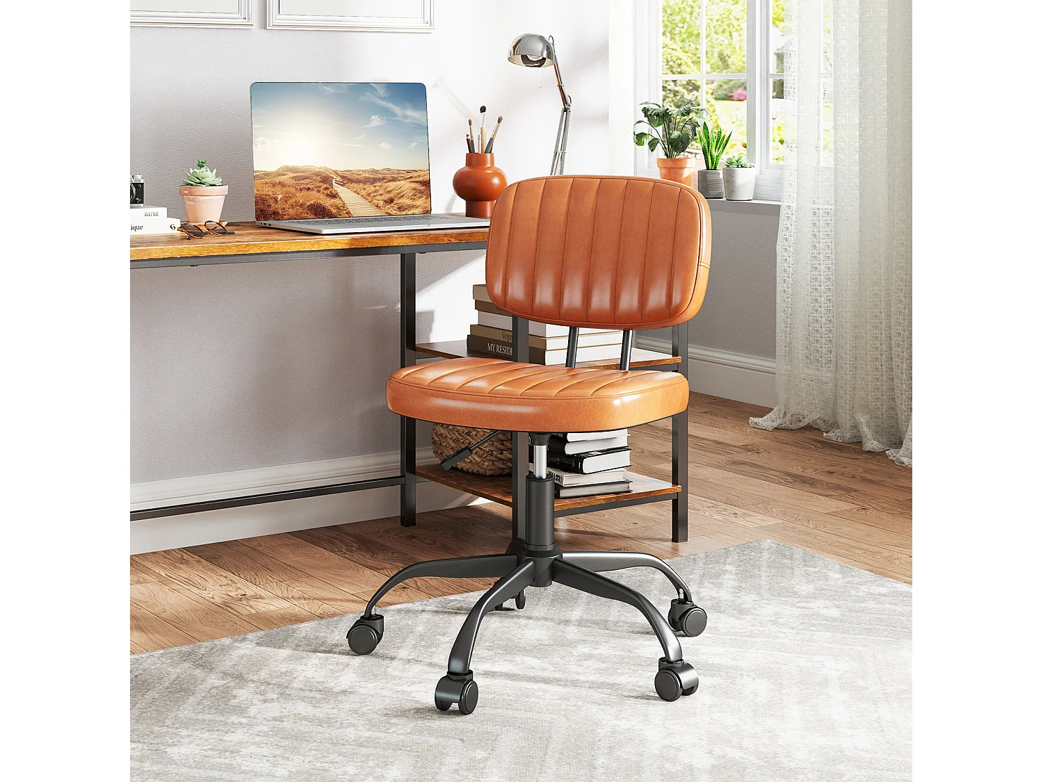 Sedia da ufficio per casa con ruote e supporto lombare, Comoda sedia da lavoro in pelle artificiale Marrone