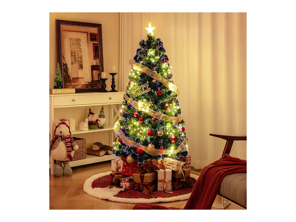 Albero di Natale in fibra ottica da 150cm pre-illuminato con luci a stringa stella sulla cima, Albero Natale artificiale