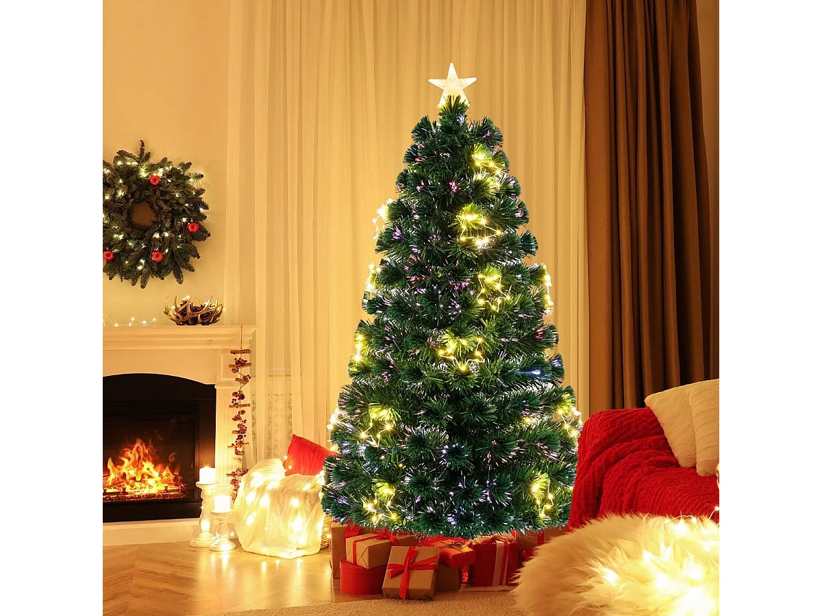 Sapin de Noël Artificiel à Fibre Optique de 150cm Guirlande Lumineuse 24 Lumières Blanches Chaudes 170 Pointes de Branches Etoile