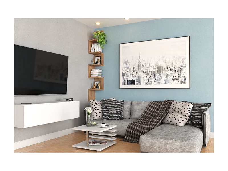 Étagère murale d’angle suspendue Chêne Wotan – bibliothèque pour livres, jouets, style loft 22x142 cm