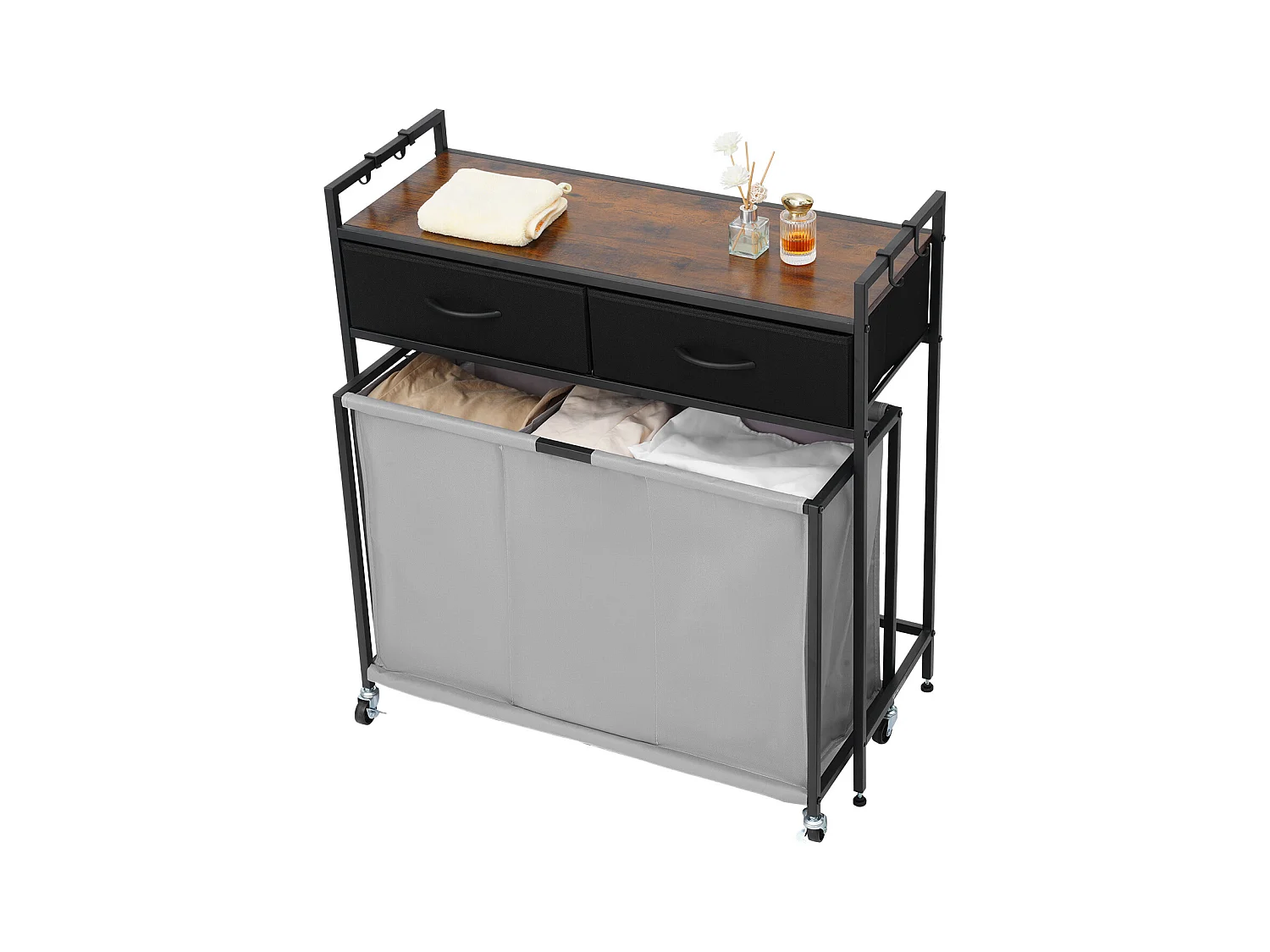 Wäschekorb SucceBuy Wäschesammler mit 3 Fächern und Rollen, Ausgestattet mit einem Herausziehbaren Beutel, einem Holzdeckel, 2 Schubladen und Haken