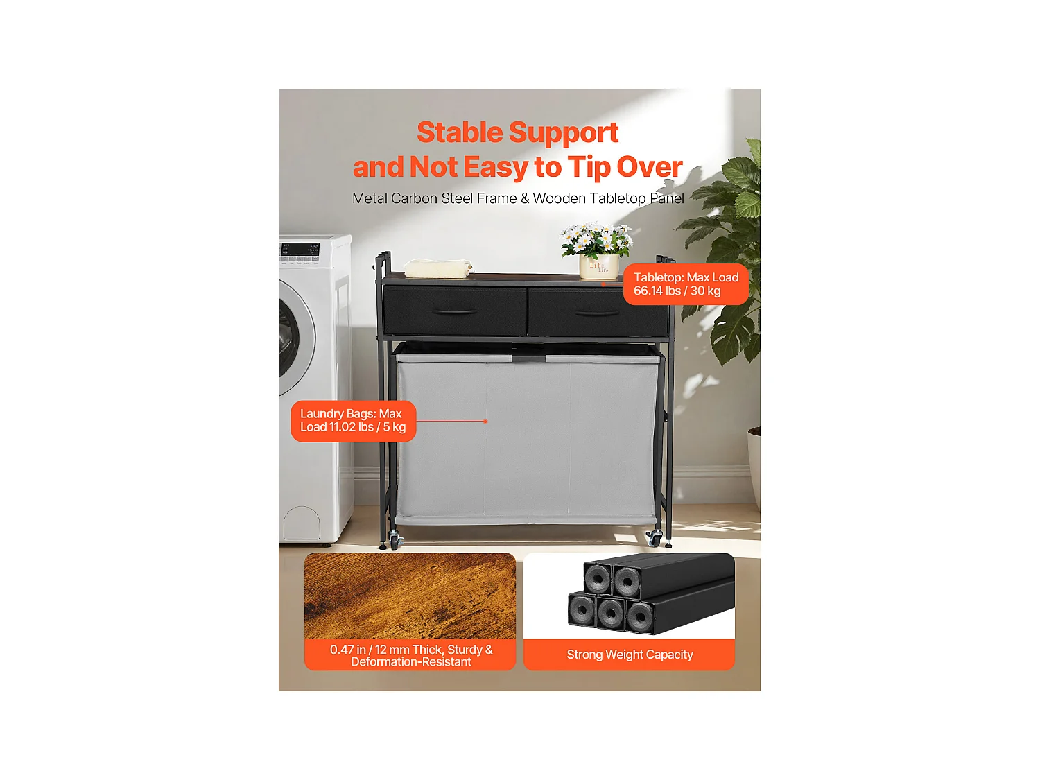 Wäschekorb SucceBuy Wäschesammler mit 3 Fächern und Rollen, Ausgestattet mit einem Herausziehbaren Beutel, einem Holzdeckel, 2 Schubladen und Haken