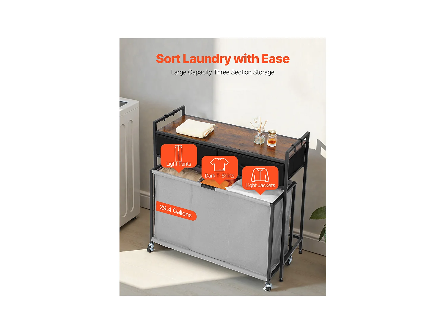 Wäschekorb SucceBuy Wäschesammler mit 3 Fächern und Rollen, Ausgestattet mit einem Herausziehbaren Beutel, einem Holzdeckel, 2 Schubladen und Haken