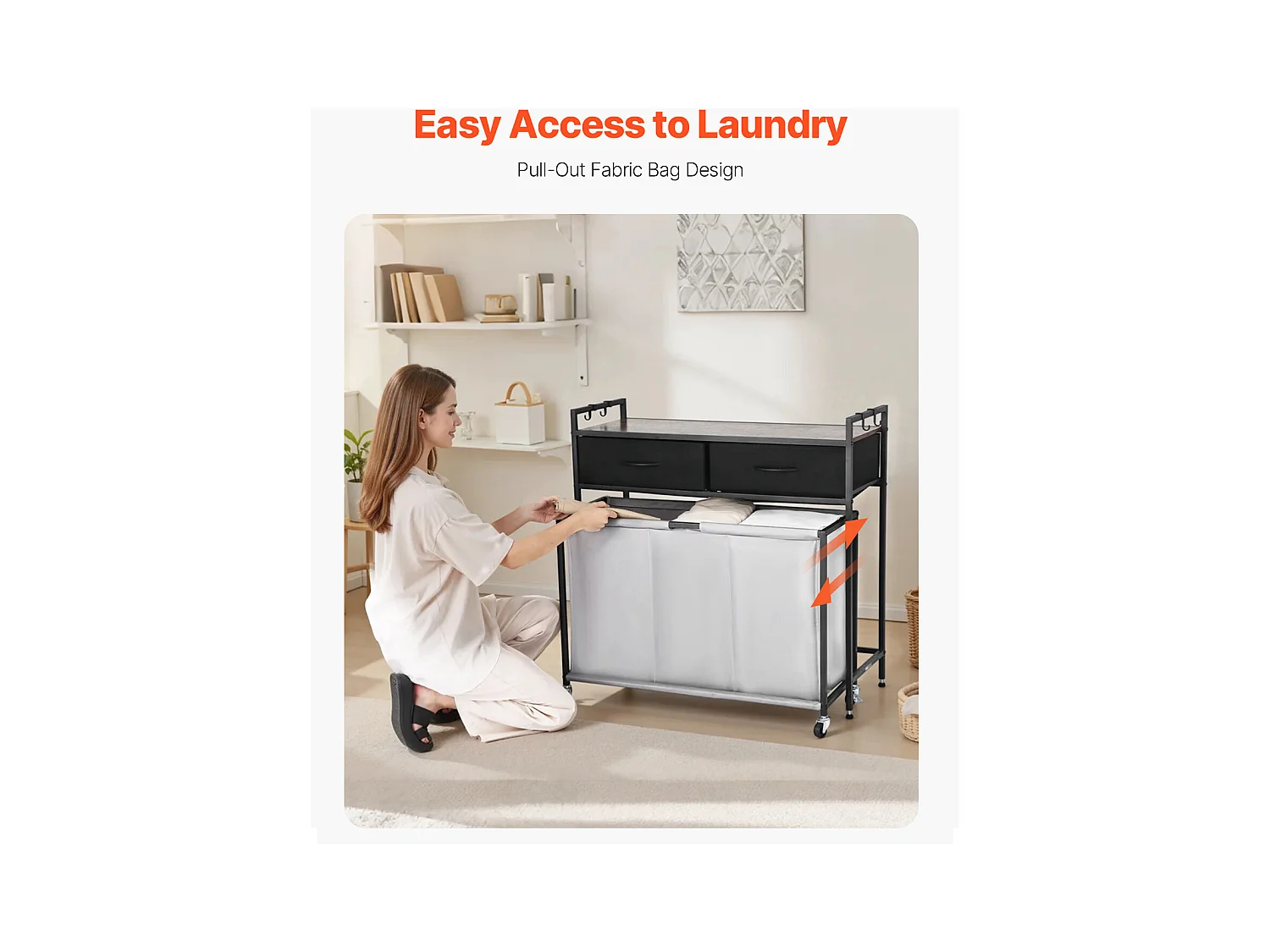 Wäschekorb SucceBuy Wäschesammler mit 3 Fächern und Rollen, Ausgestattet mit einem Herausziehbaren Beutel, einem Holzdeckel, 2 Schubladen und Haken