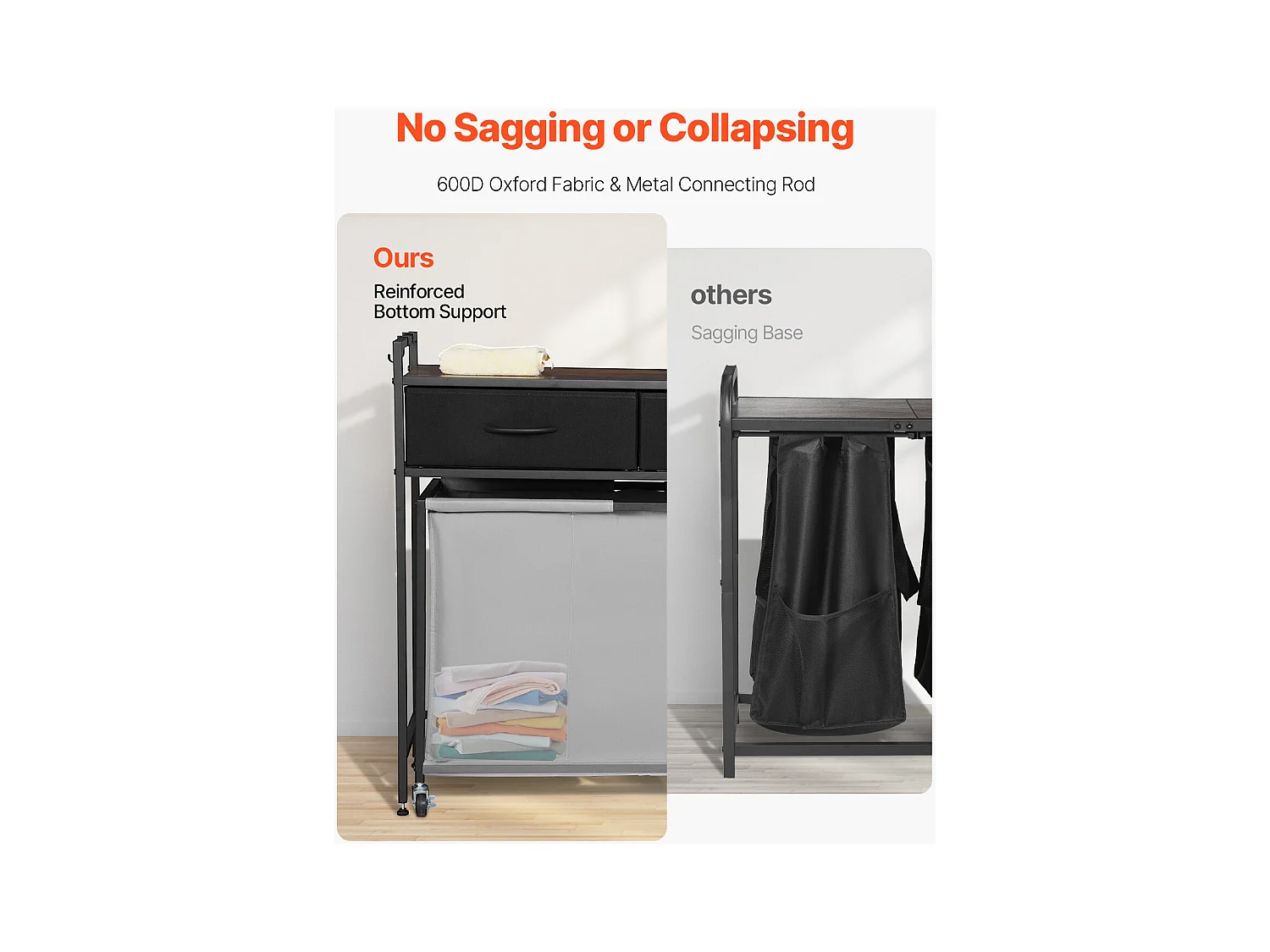 Wäschekorb SucceBuy Wäschesammler mit 3 Fächern und Rollen, Ausgestattet mit einem Herausziehbaren Beutel, einem Holzdeckel, 2 Schubladen und Haken