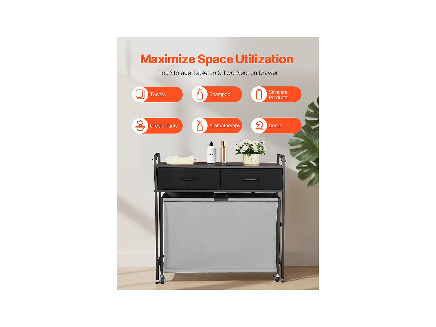 Wäschekorb SucceBuy Wäschesammler mit 3 Fächern und Rollen, Ausgestattet mit einem Herausziehbaren Beutel, einem Holzdeckel, 2 Schubladen und Haken