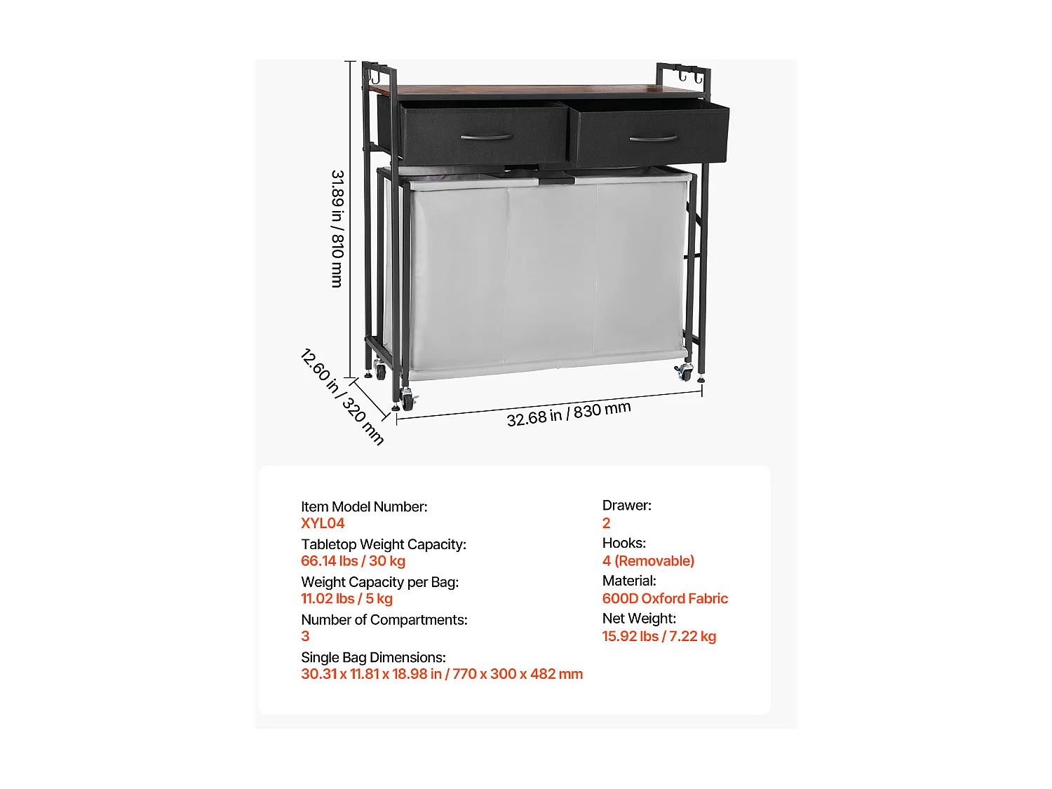 Kosz na Pranie SucceBuy Kosz na Pranie z 3 Przegródkami na Kółkach, Wyposażony w Wysuwaną Torbę, Drewniany Blat, 2 Szuflady i Haczyki, do Porządkowania Ubrań