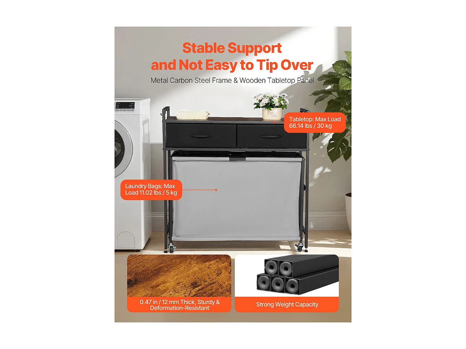 Kosz na Pranie SucceBuy Kosz na Pranie z 3 Przegródkami na Kółkach, Wyposażony w Wysuwaną Torbę, Drewniany Blat, 2 Szuflady i Haczyki, do Porządkowania Ubrań