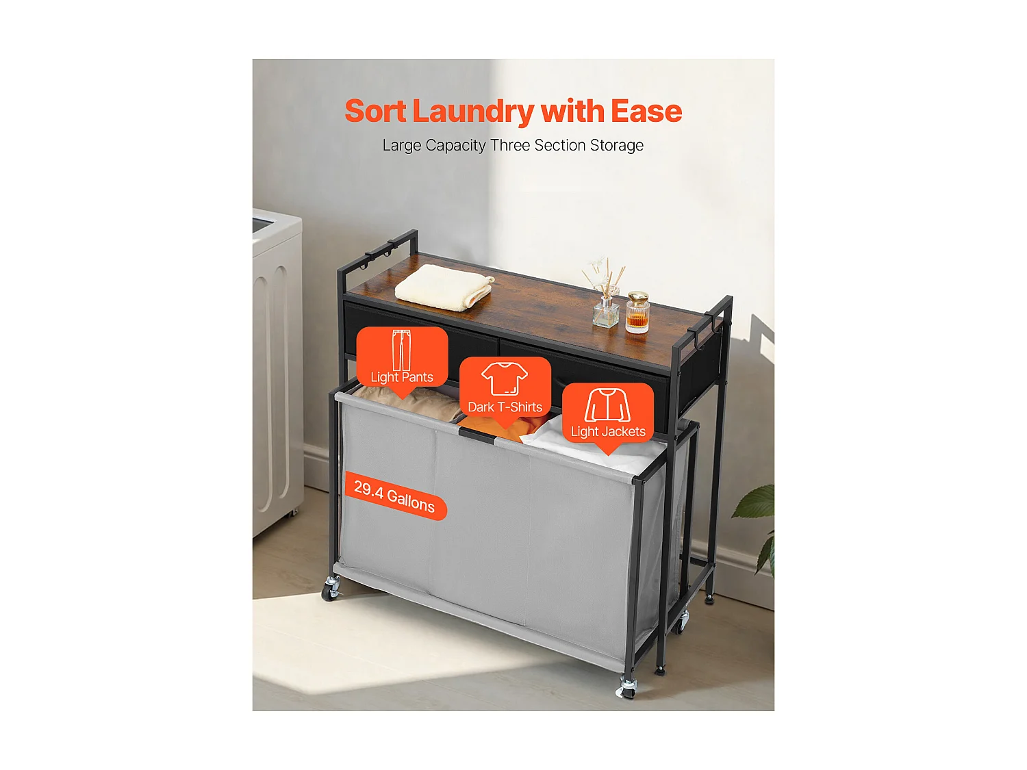 Kosz na Pranie SucceBuy Kosz na Pranie z 3 Przegródkami na Kółkach, Wyposażony w Wysuwaną Torbę, Drewniany Blat, 2 Szuflady i Haczyki, do Porządkowania Ubrań