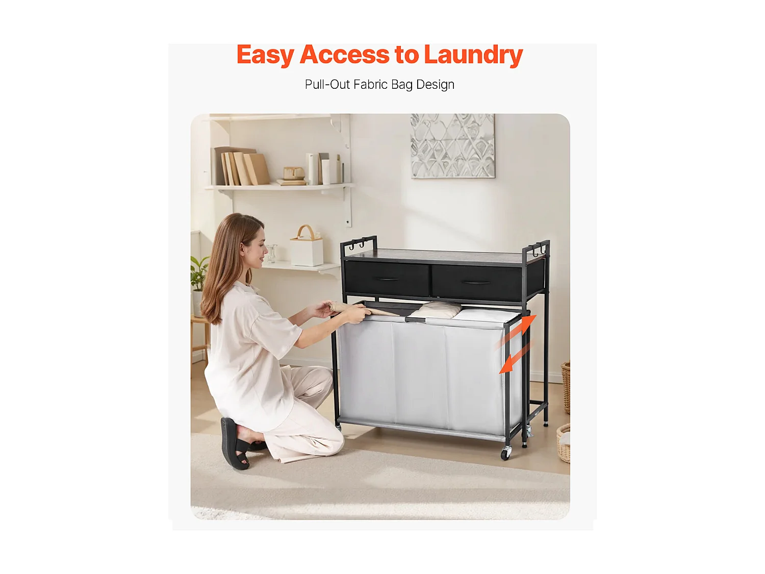 Kosz na Pranie SucceBuy Kosz na Pranie z 3 Przegródkami na Kółkach, Wyposażony w Wysuwaną Torbę, Drewniany Blat, 2 Szuflady i Haczyki, do Porządkowania Ubrań