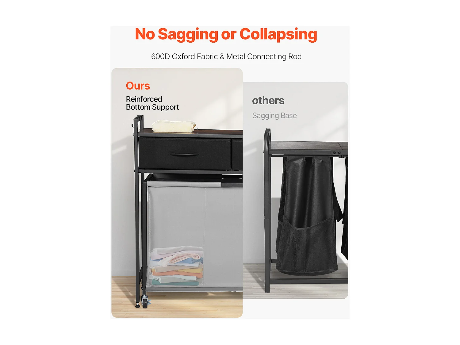 Kosz na Pranie SucceBuy Kosz na Pranie z 3 Przegródkami na Kółkach, Wyposażony w Wysuwaną Torbę, Drewniany Blat, 2 Szuflady i Haczyki, do Porządkowania Ubrań