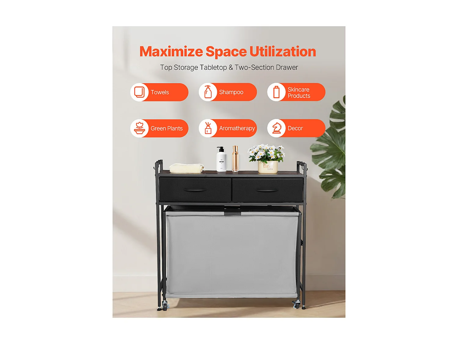 Kosz na Pranie SucceBuy Kosz na Pranie z 3 Przegródkami na Kółkach, Wyposażony w Wysuwaną Torbę, Drewniany Blat, 2 Szuflady i Haczyki, do Porządkowania Ubrań