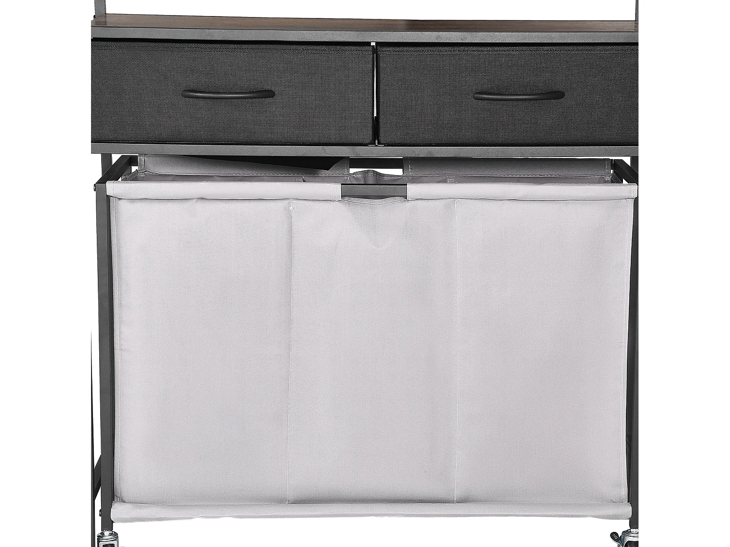 Kosz na Pranie SucceBuy Kosz na Pranie z 3 Przegródkami na Kółkach, Wyposażony w Wysuwaną Torbę, Drewniany Blat, 2 Szuflady i Haczyki, do Porządkowania Ubrań