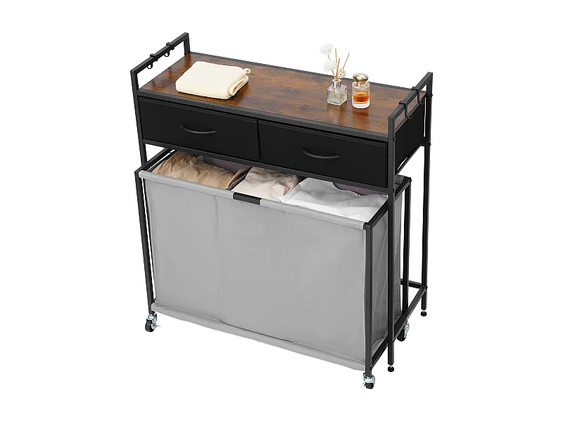 Cesta de Ropa Sucia SucceBuy Cesto para la Ropa Sucia de 3 Compartimentos con Ruedas, Equipado con una Bolsa Extraíble, Tapa de Madera, 2 Cajones y Ganchos