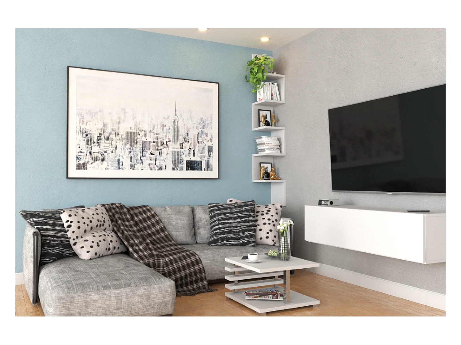 Étagère murale d’angle suspendue blanche – bibliothèque pour livres, jouets, style loft 22x142 cm