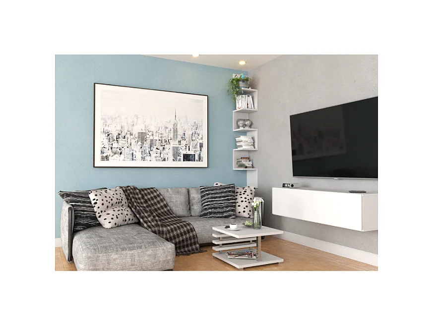 Étagère murale d’angle suspendue blanche – bibliothèque pour livres, jouets, style loft 22x142 cm