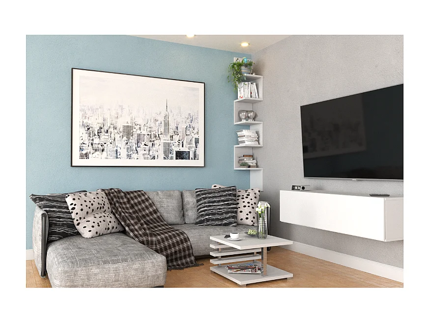 Étagère murale d’angle suspendue blanche – bibliothèque pour livres, jouets, style loft 22x142 cm