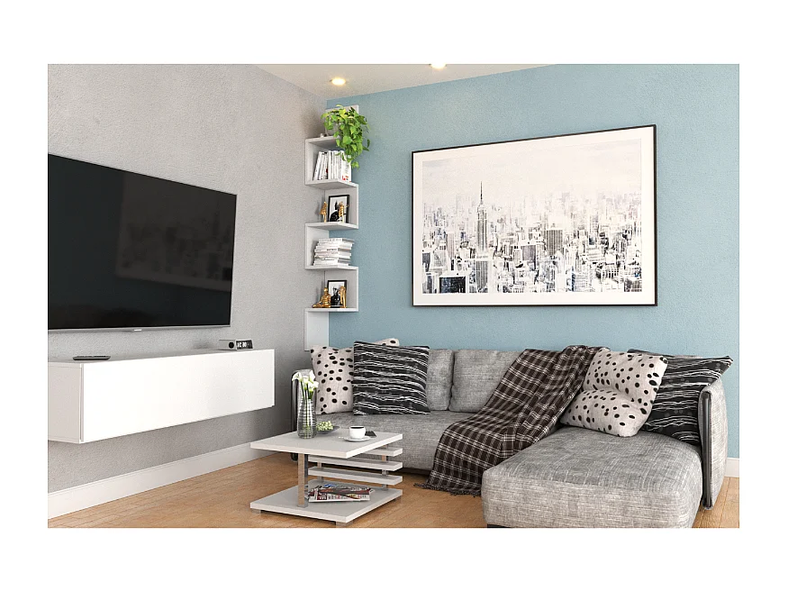 Étagère murale d’angle suspendue blanche – bibliothèque pour livres, jouets, style loft 22x142 cm