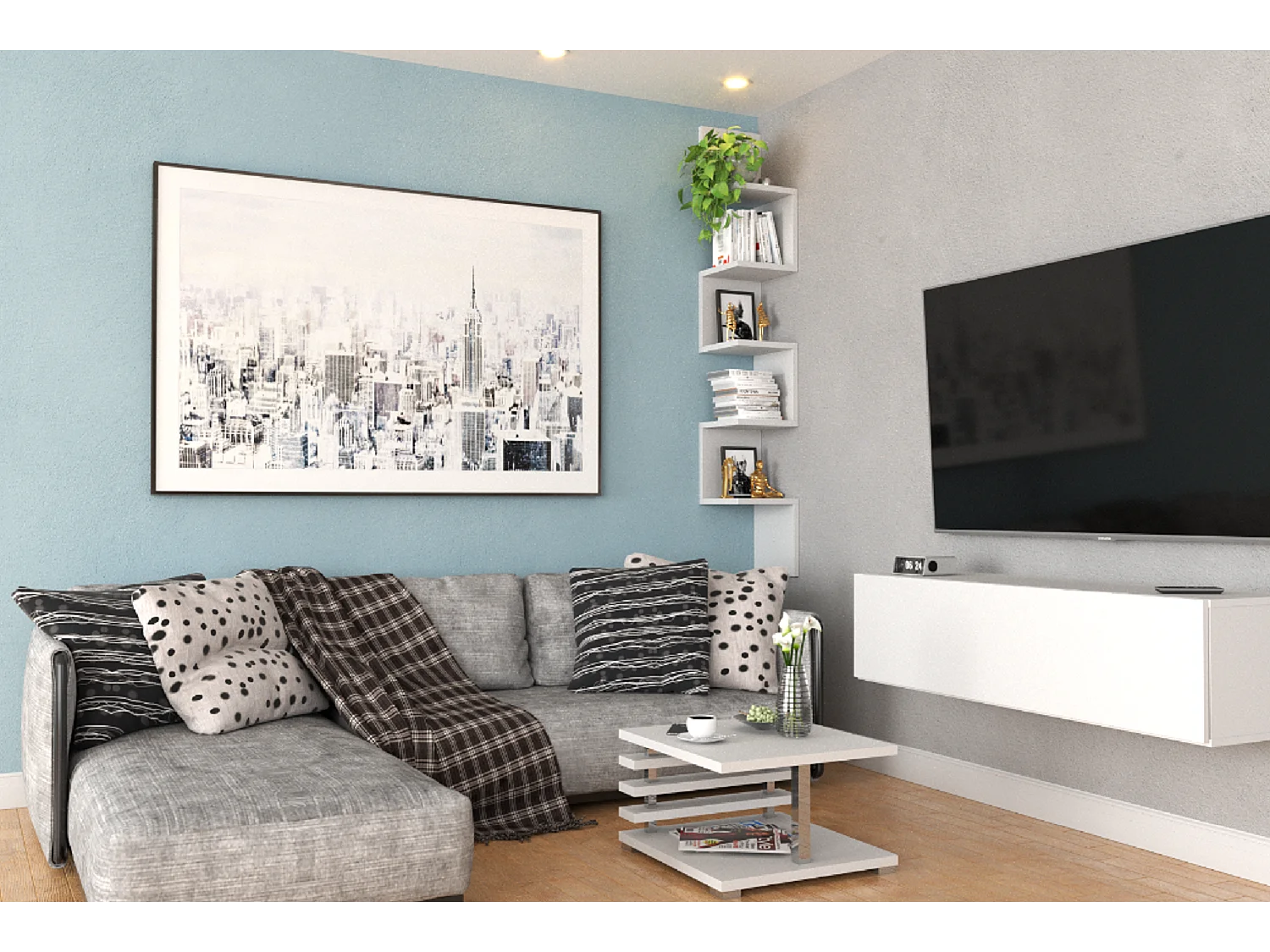 Étagère murale d’angle suspendue blanche – bibliothèque pour livres, jouets, style loft 22x142 cm