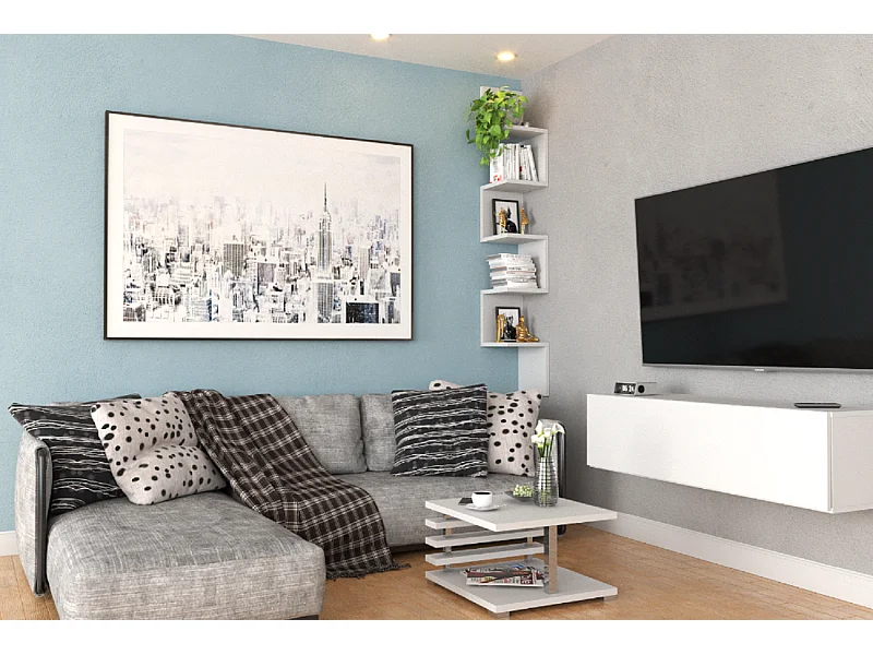 Étagère murale d’angle suspendue blanche – bibliothèque pour livres, jouets, style loft 22x142 cm