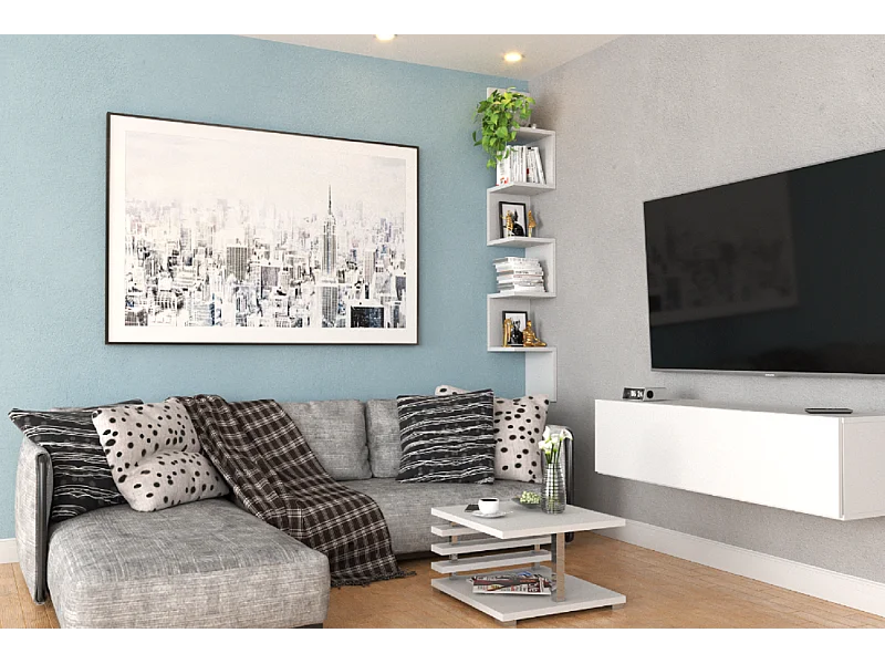 Étagère murale d’angle suspendue blanche – bibliothèque pour livres, jouets, style loft 22x142 cm