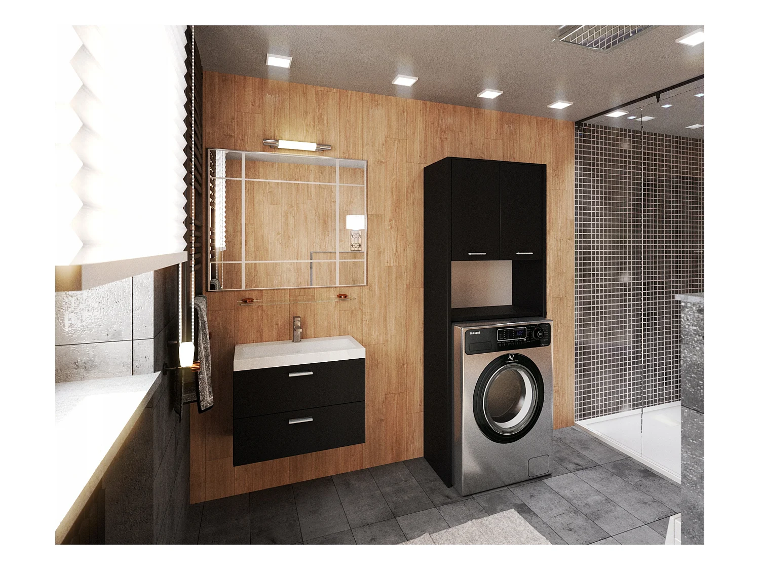 Colonne de salle de bain noir – armoire au-dessus de la machine à laver 64*30*165cm