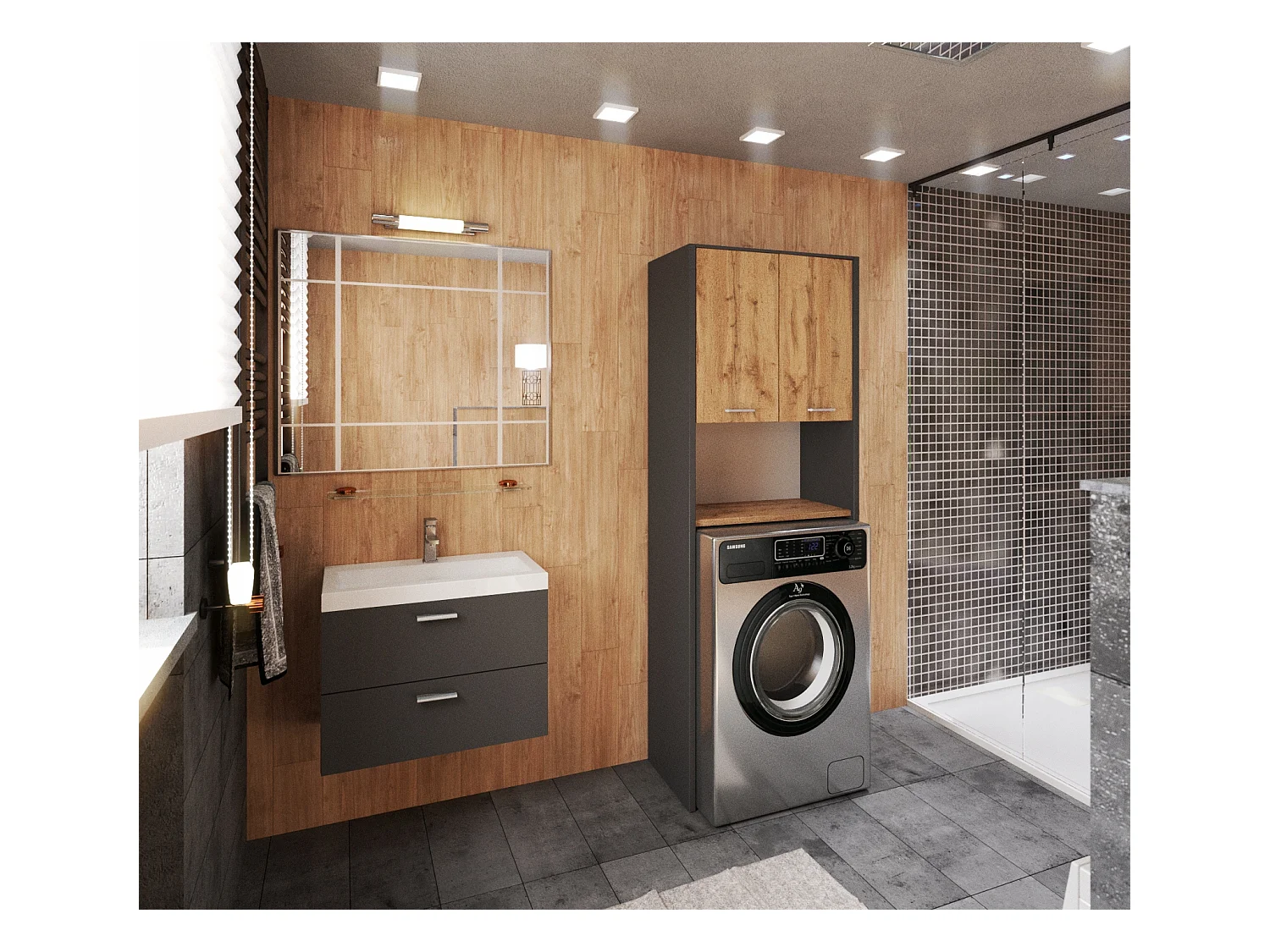 Colonne de salle de bain Gris+ Chêne Wotan   – armoire au-dessus de la machine à laver 64*30*165cm