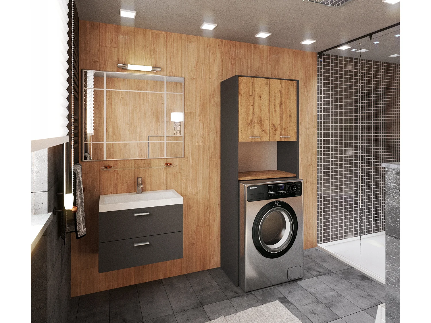 Colonne de salle de bain Gris+ Chêne Wotan   – armoire au-dessus de la machine à laver 64*30*165cm