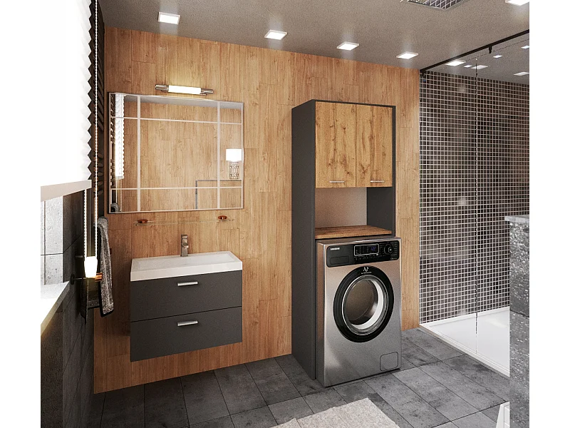 Colonne de salle de bain Gris+ Chêne Wotan   – armoire au-dessus de la machine à laver 64*30*165cm