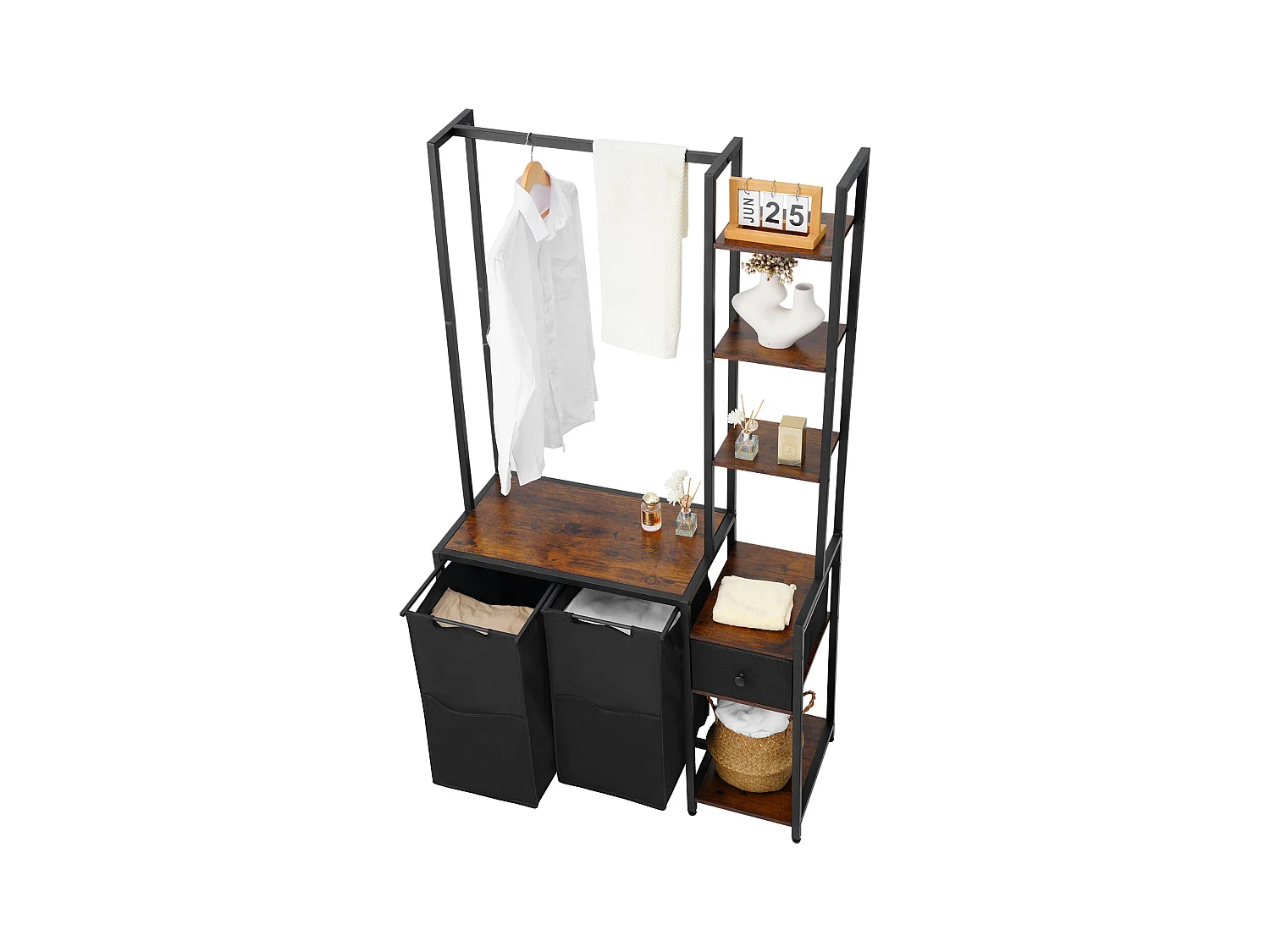 Wäschekorb SucceBuy Wäschesortierer mit 2 Fächern und Ablagen, Schublade und 600D Oxford-Stoffbeuteln – Hängeaufbewahrung für Schmutzwäsche