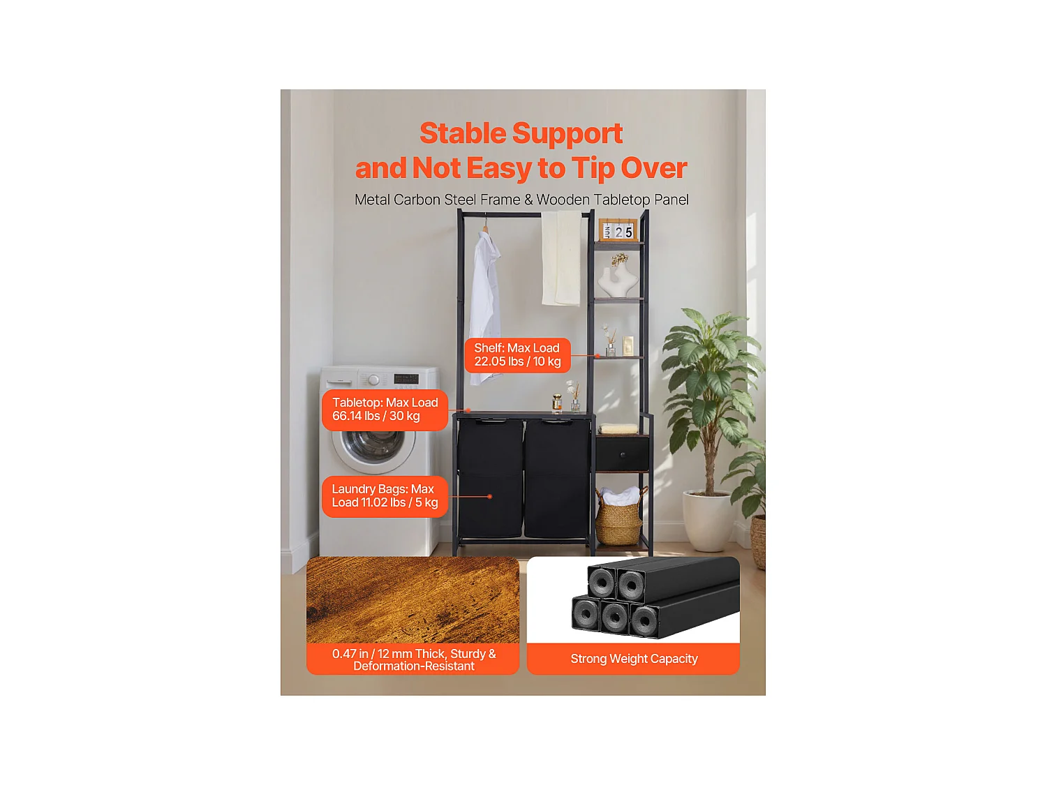 Wäschekorb SucceBuy Wäschesortierer mit 2 Fächern und Ablagen, Schublade und 600D Oxford-Stoffbeuteln – Hängeaufbewahrung für Schmutzwäsche