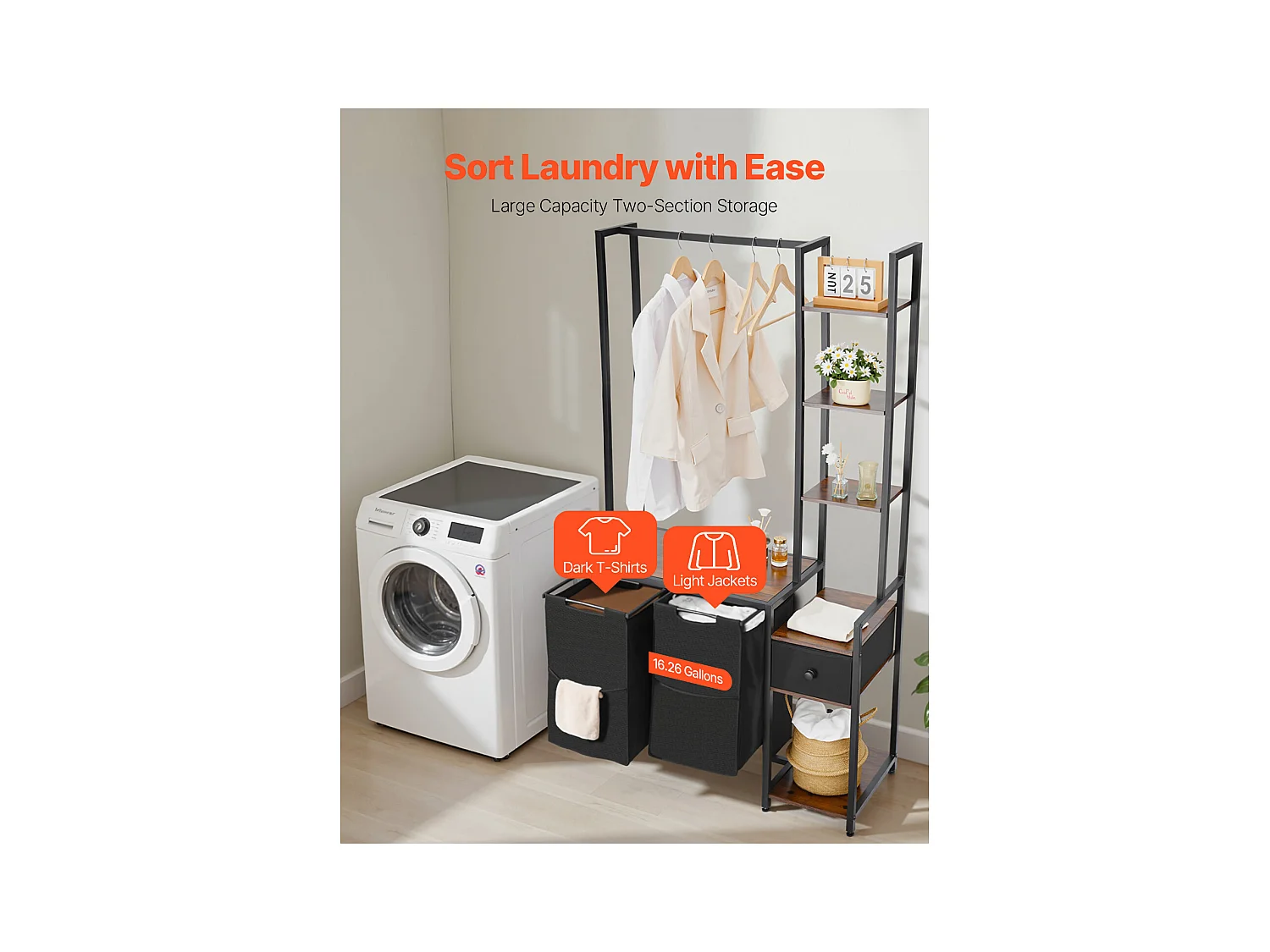 Wäschekorb SucceBuy Wäschesortierer mit 2 Fächern und Ablagen, Schublade und 600D Oxford-Stoffbeuteln – Hängeaufbewahrung für Schmutzwäsche