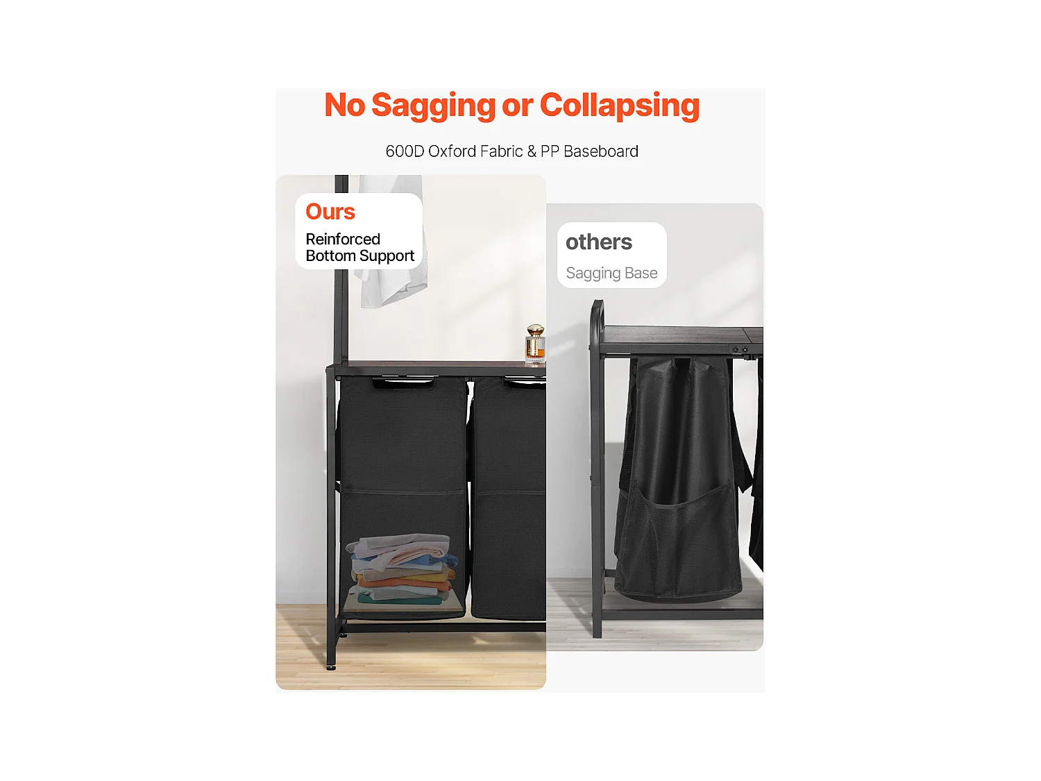 Wäschekorb SucceBuy Wäschesortierer mit 2 Fächern und Ablagen, Schublade und 600D Oxford-Stoffbeuteln – Hängeaufbewahrung für Schmutzwäsche