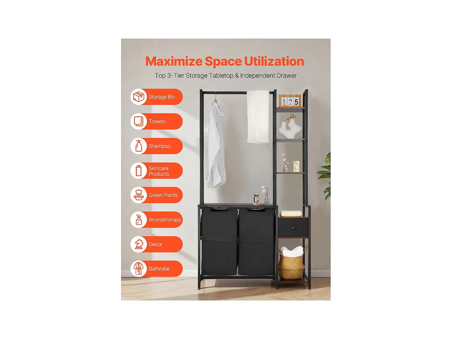 Wäschekorb SucceBuy Wäschesortierer mit 2 Fächern und Ablagen, Schublade und 600D Oxford-Stoffbeuteln – Hängeaufbewahrung für Schmutzwäsche