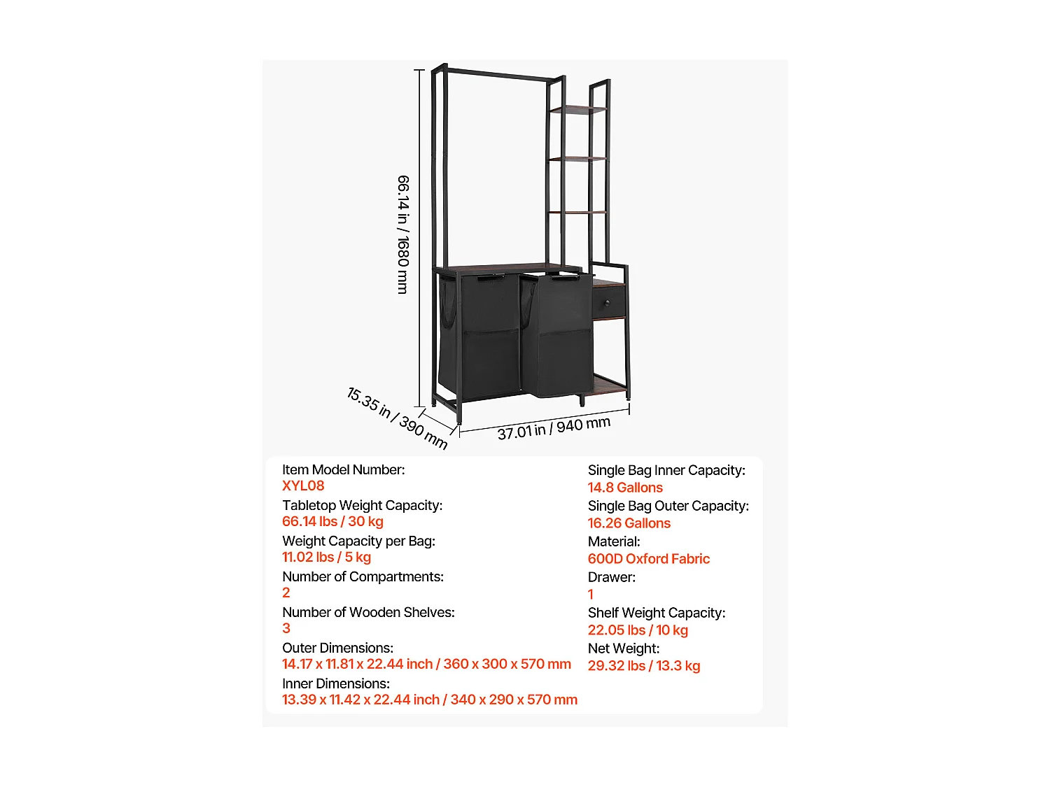 Panier à Linge SucceBuy Trieur de Linge à 2 Compartiments avec Étagères, Tiroir et Sacs en Tissu Oxford 600D, Meuble de Rangement Suspendu pour Vêtements Sales