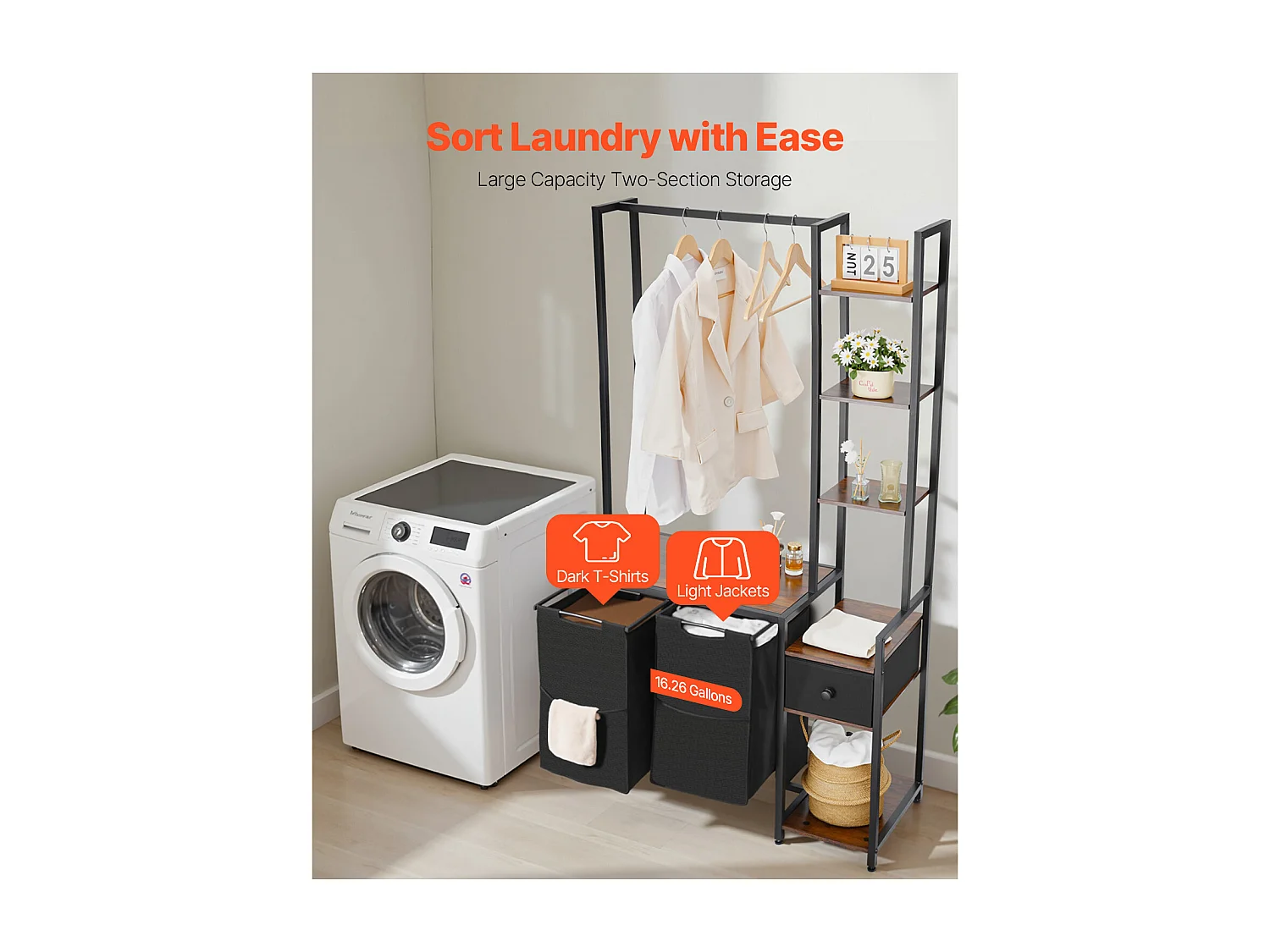 Panier à Linge SucceBuy Trieur de Linge à 2 Compartiments avec Étagères, Tiroir et Sacs en Tissu Oxford 600D, Meuble de Rangement Suspendu pour Vêtements Sales