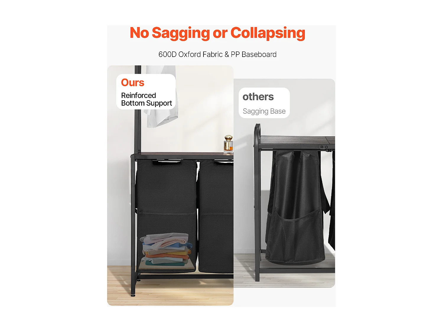 Panier à Linge SucceBuy Trieur de Linge à 2 Compartiments avec Étagères, Tiroir et Sacs en Tissu Oxford 600D, Meuble de Rangement Suspendu pour Vêtements Sales